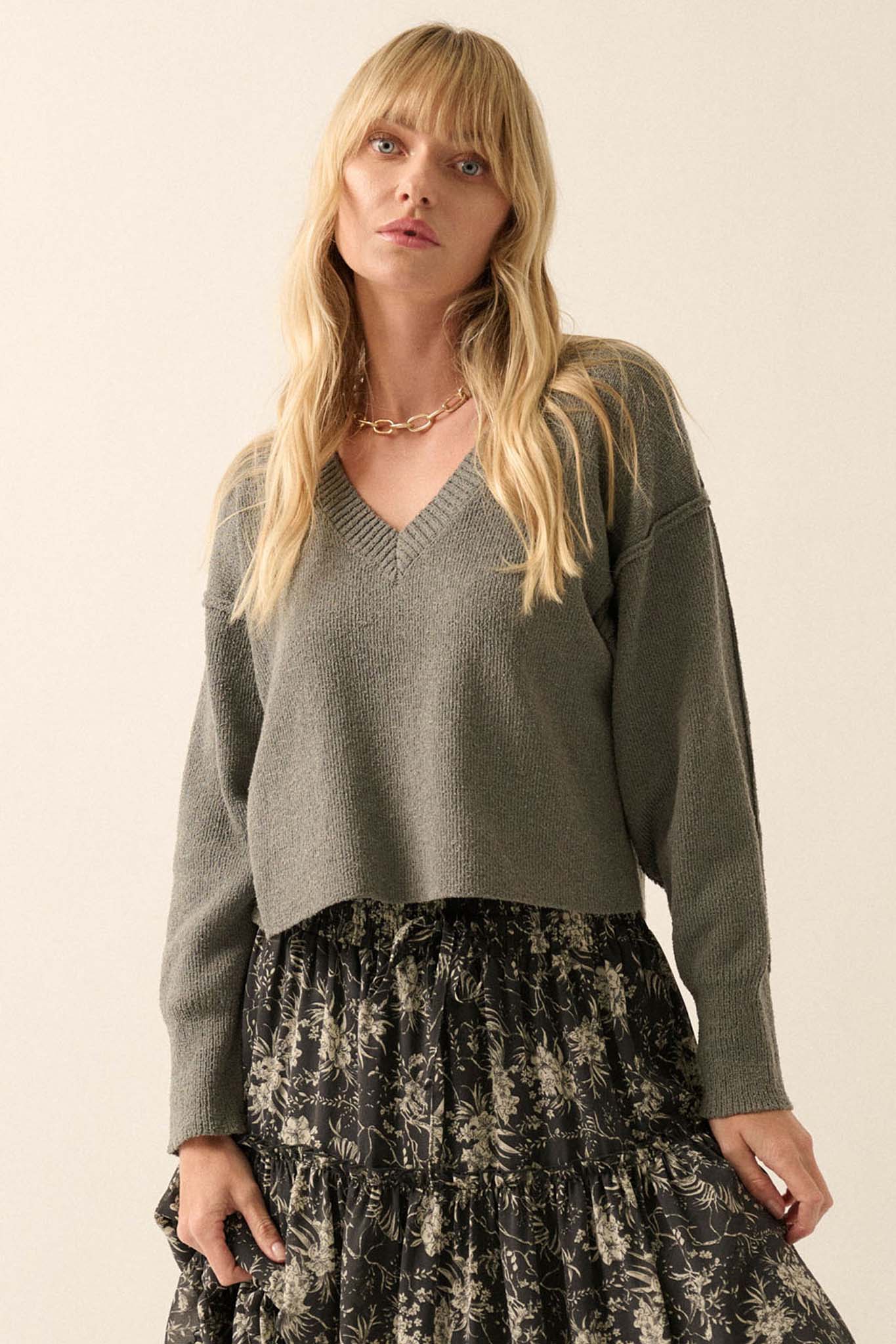 Make It Last Textured Exposed-Seam V-Neck Sweater - ShopPromesa