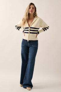 Below Deck Striped Sailor-Collar Zip-Up Cardigan - ShopPromesa