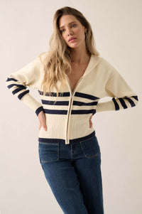 Below Deck Striped Sailor-Collar Zip-Up Cardigan - ShopPromesa