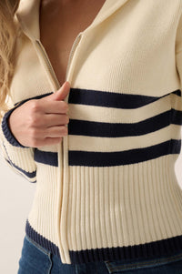 Below Deck Striped Sailor-Collar Zip-Up Cardigan - ShopPromesa