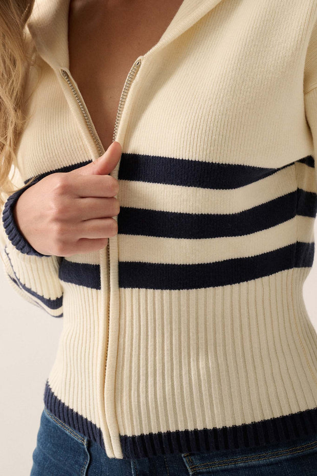Below Deck Striped Sailor-Collar Zip-Up Cardigan - ShopPromesa