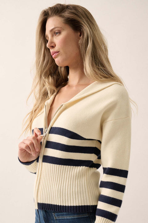 Below Deck Striped Sailor-Collar Zip-Up Cardigan - ShopPromesa