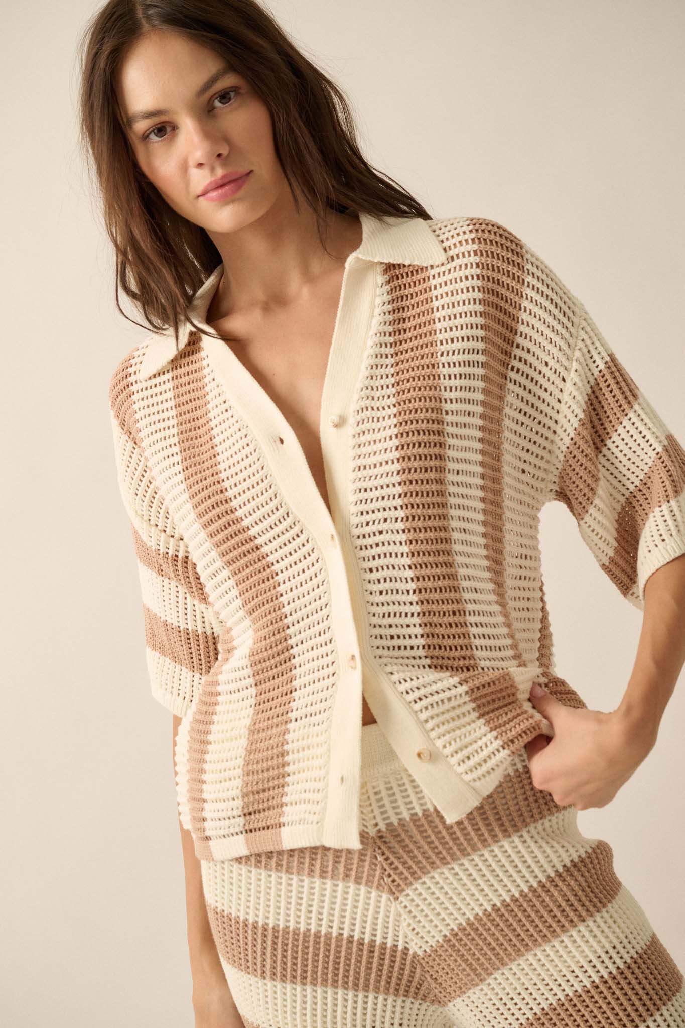 Knit Wit Striped Crochet Knit Button-Front Shirt - ShopPromesa