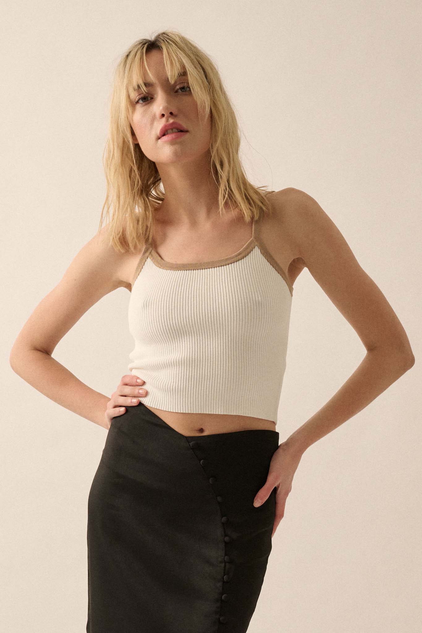 Shaper Fit Cropped Rib-Knit Contrast Cami Top - ShopPromesa