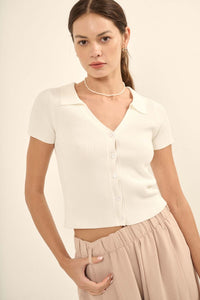 Shaper Fit Collared Rib-Knit Button-Front Top - ShopPromesa