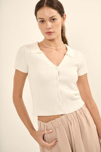 Shaper Fit Collared Rib-Knit Button-Front Top - ShopPromesa