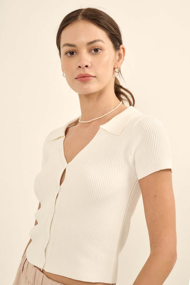 Shaper Fit Collared Rib-Knit Button-Front Top - ShopPromesa
