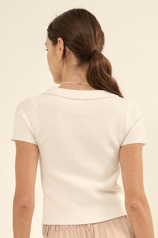 Shaper Fit Collared Rib-Knit Button-Front Top - ShopPromesa