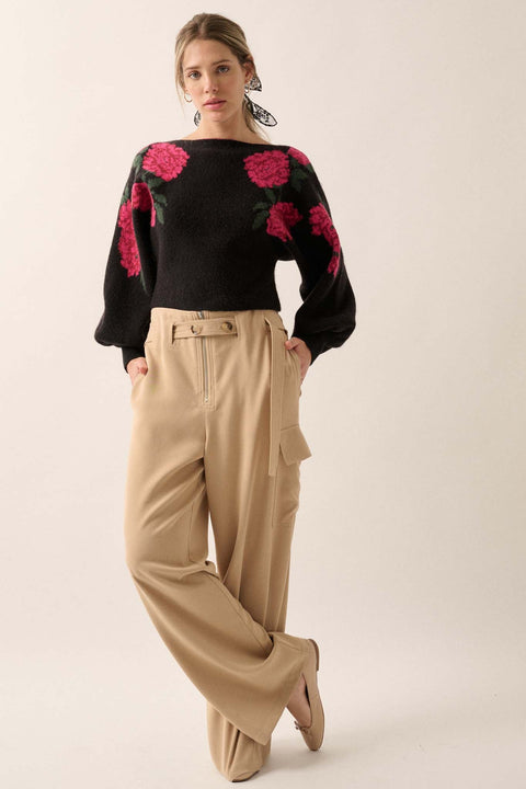 Autumn Blooms Floral Knit Boat Neck Sweater - ShopPromesa