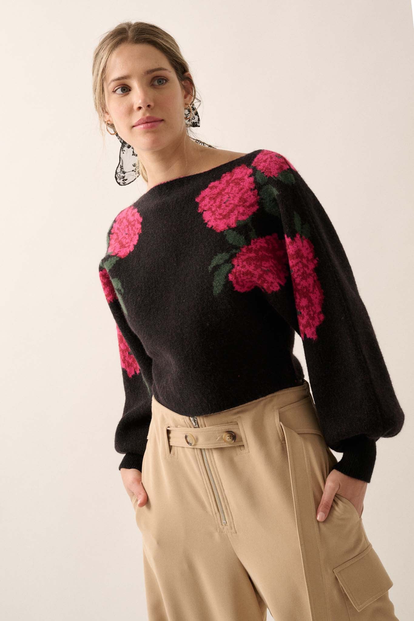 Autumn Blooms Floral Knit Boat Neck Sweater - ShopPromesa