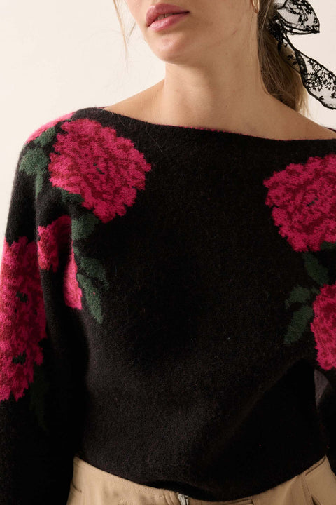 Autumn Blooms Floral Knit Boat Neck Sweater - ShopPromesa