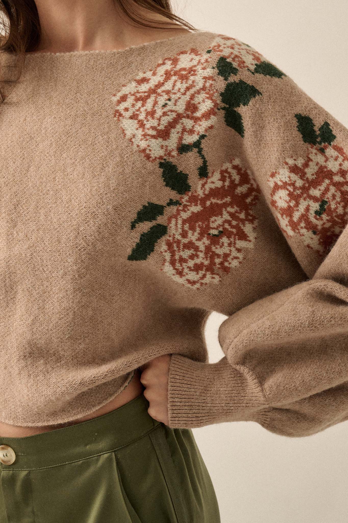 Autumn Blooms Floral Knit Boat Neck Sweater - ShopPromesa