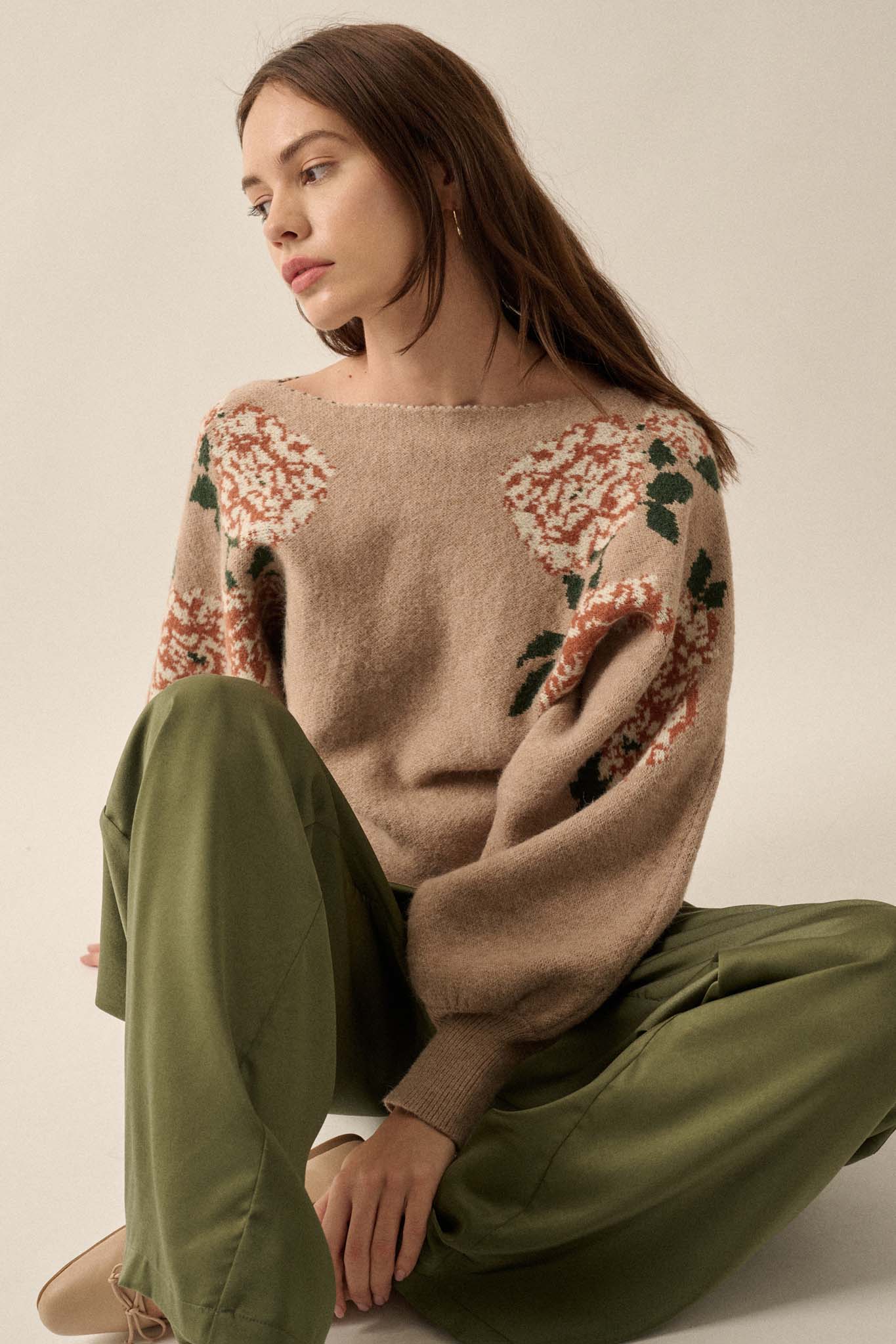 Autumn Blooms Floral Knit Boat Neck Sweater - ShopPromesa