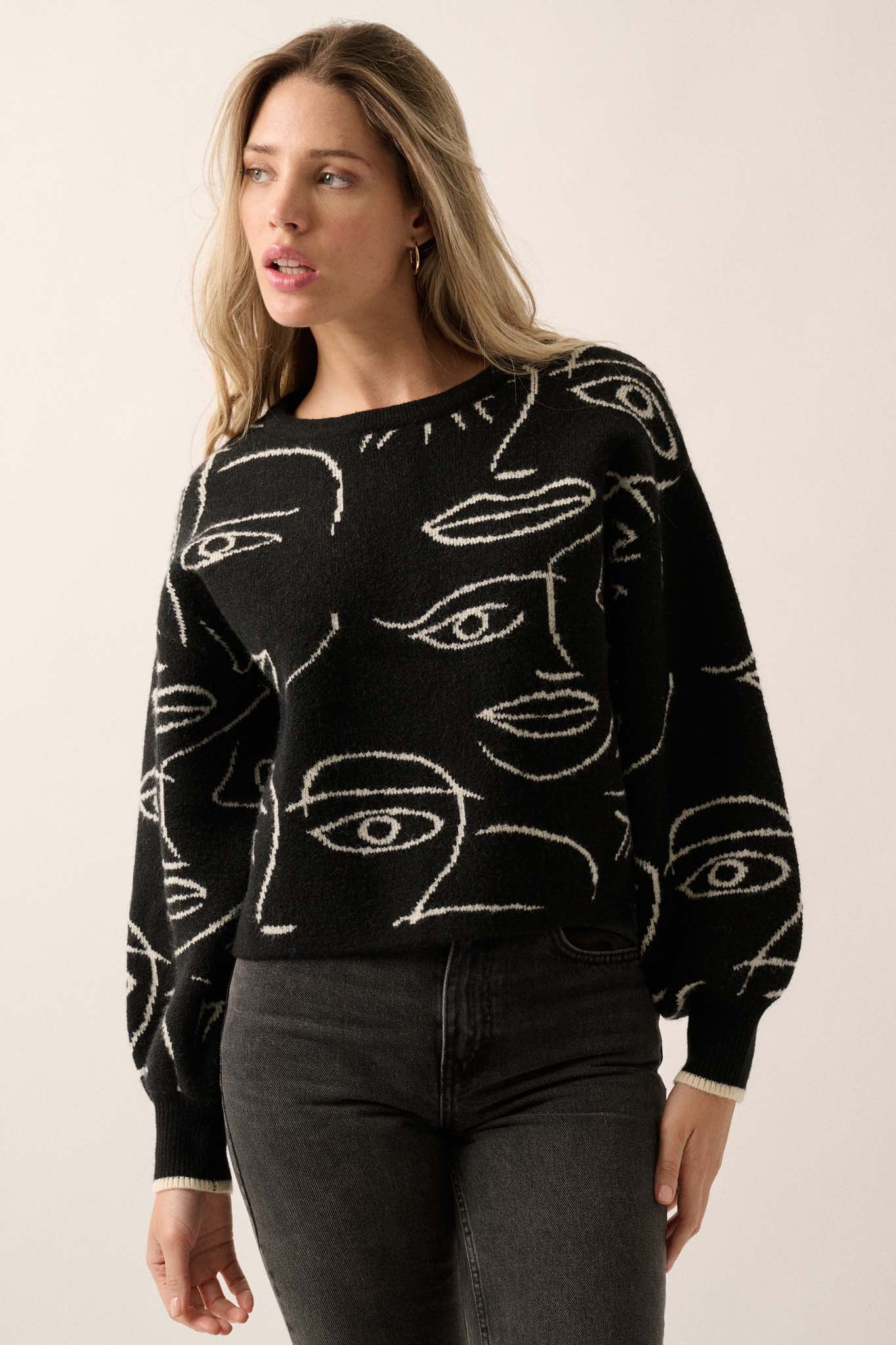 Art Attack Abstract Faces Graphic Knit Sweater - ShopPromesa