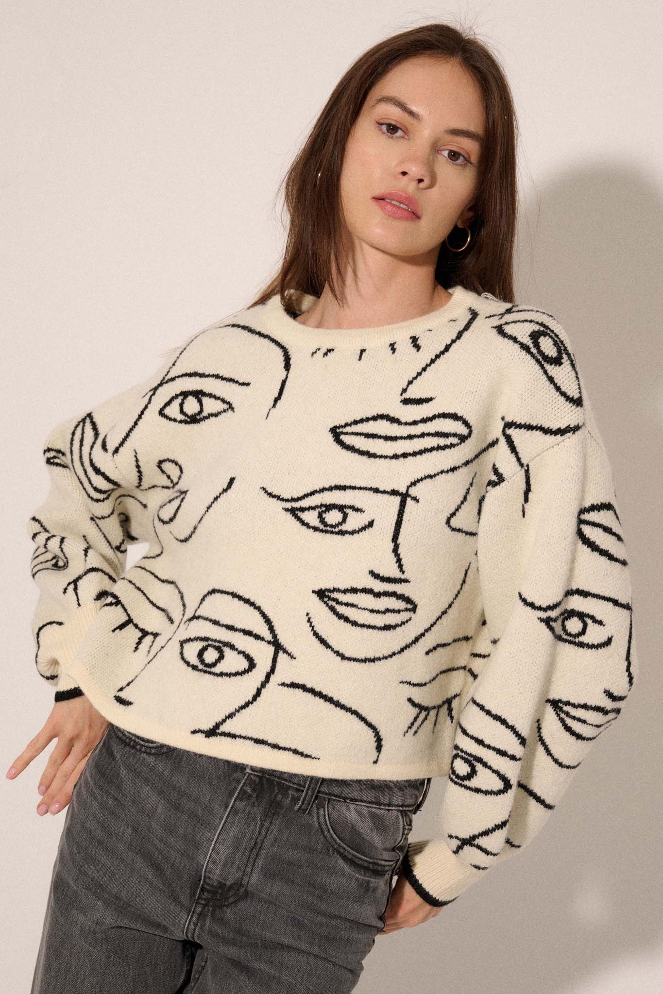 Art Attack Abstract Faces Graphic Knit Sweater - ShopPromesa