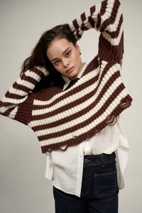 Ravel Rouser Striped Rib-Knit Distressed Sweater - ShopPromesa