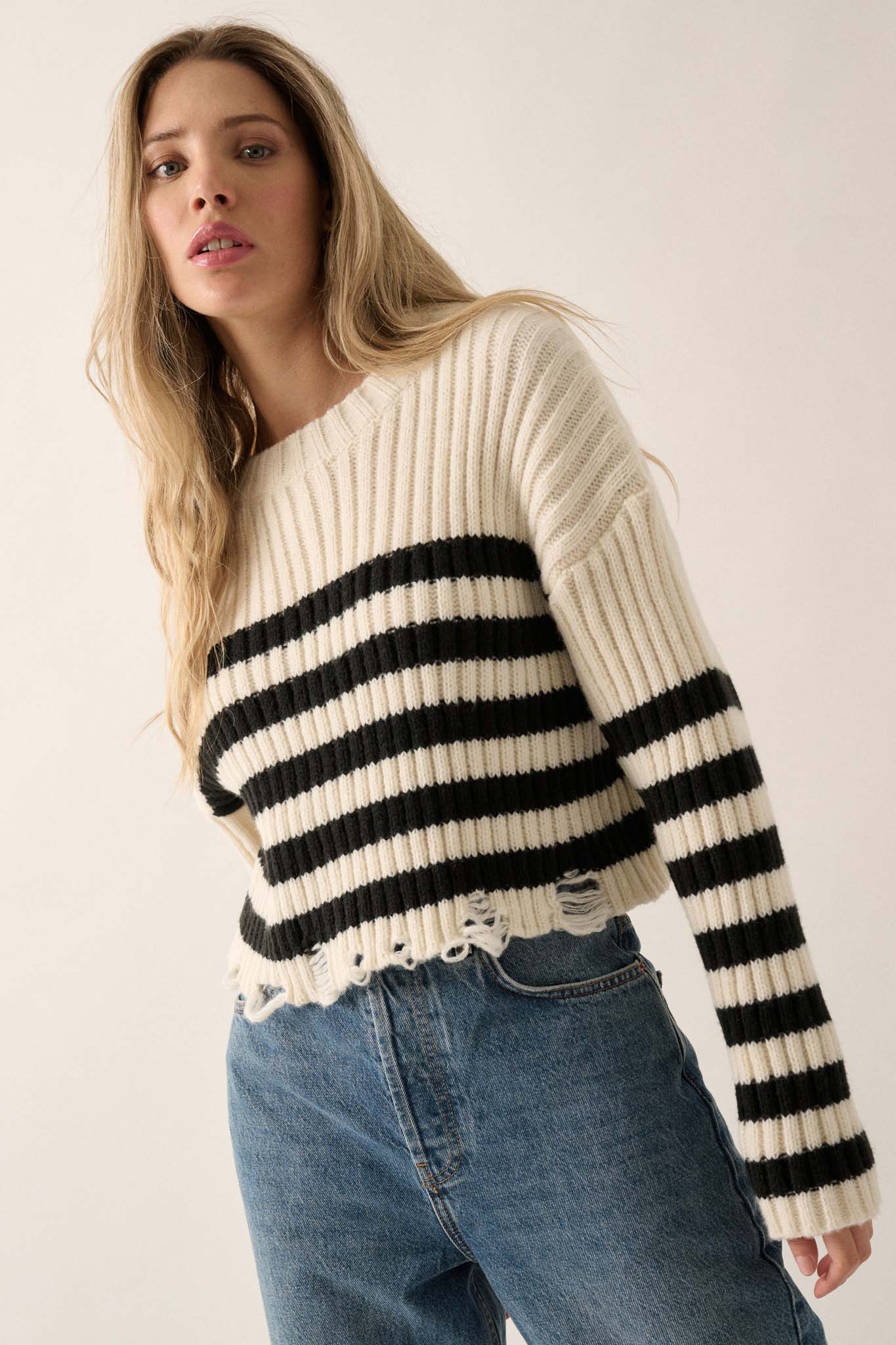 Ravel Rouser Striped Rib-Knit Distressed Sweater - ShopPromesa