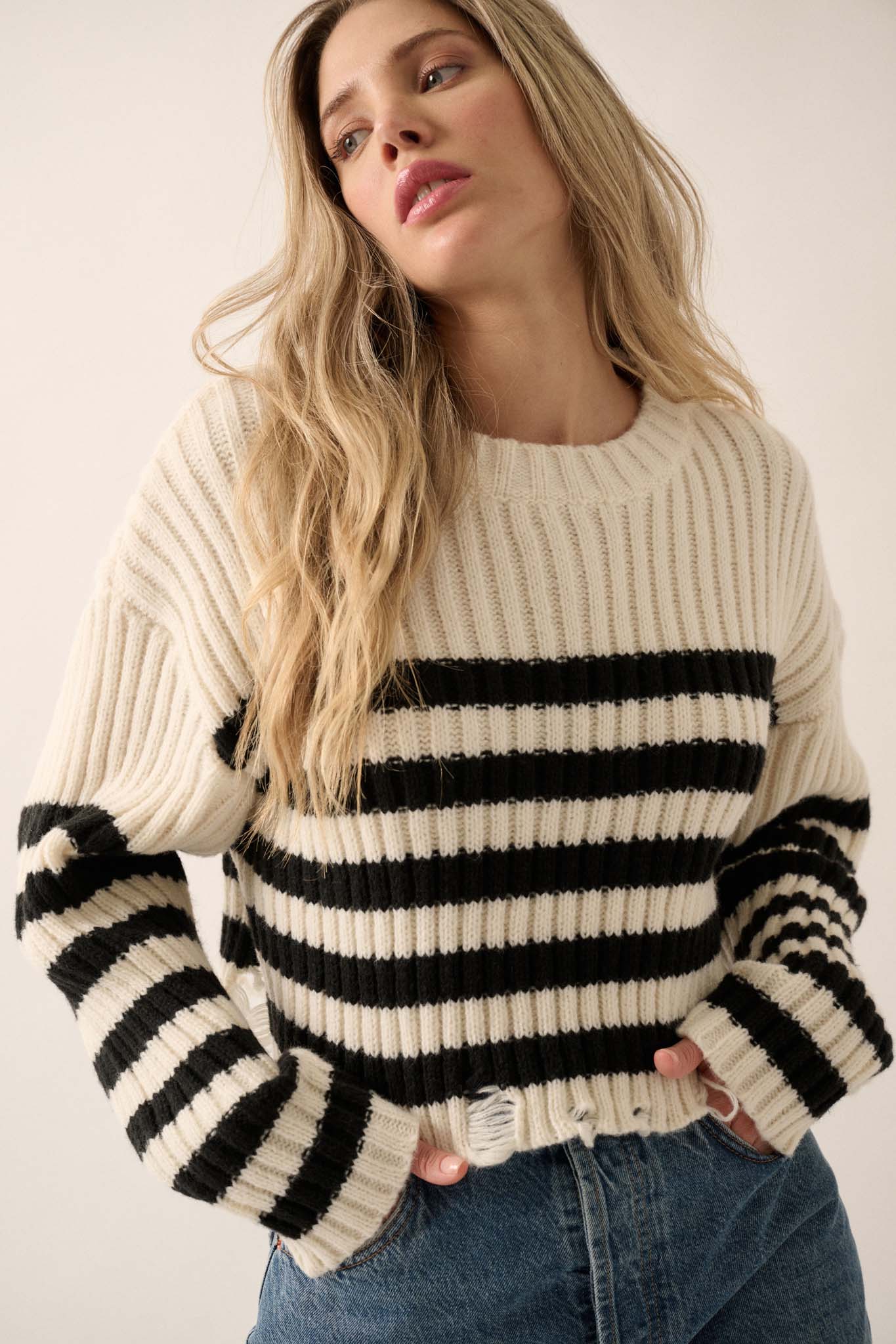 Ravel Rouser Striped Rib-Knit Distressed Sweater - ShopPromesa