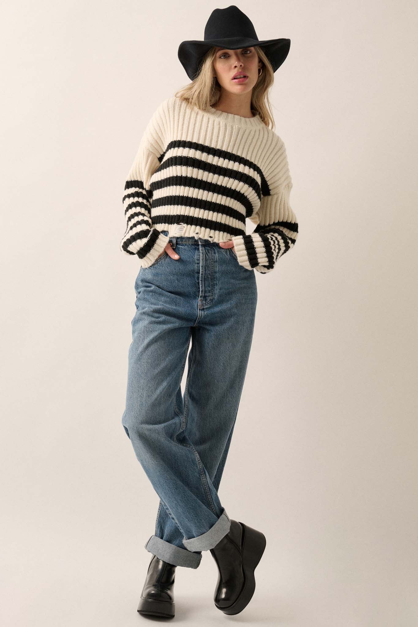 Ravel Rouser Striped Rib-Knit Distressed Sweater - ShopPromesa