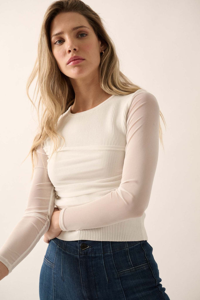 Shaper Fit Mesh-Sleeve Gathered Rib-Knit Top - ShopPromesa