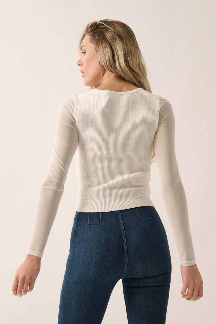 Shaper Fit Mesh-Sleeve Gathered Rib-Knit Top - ShopPromesa