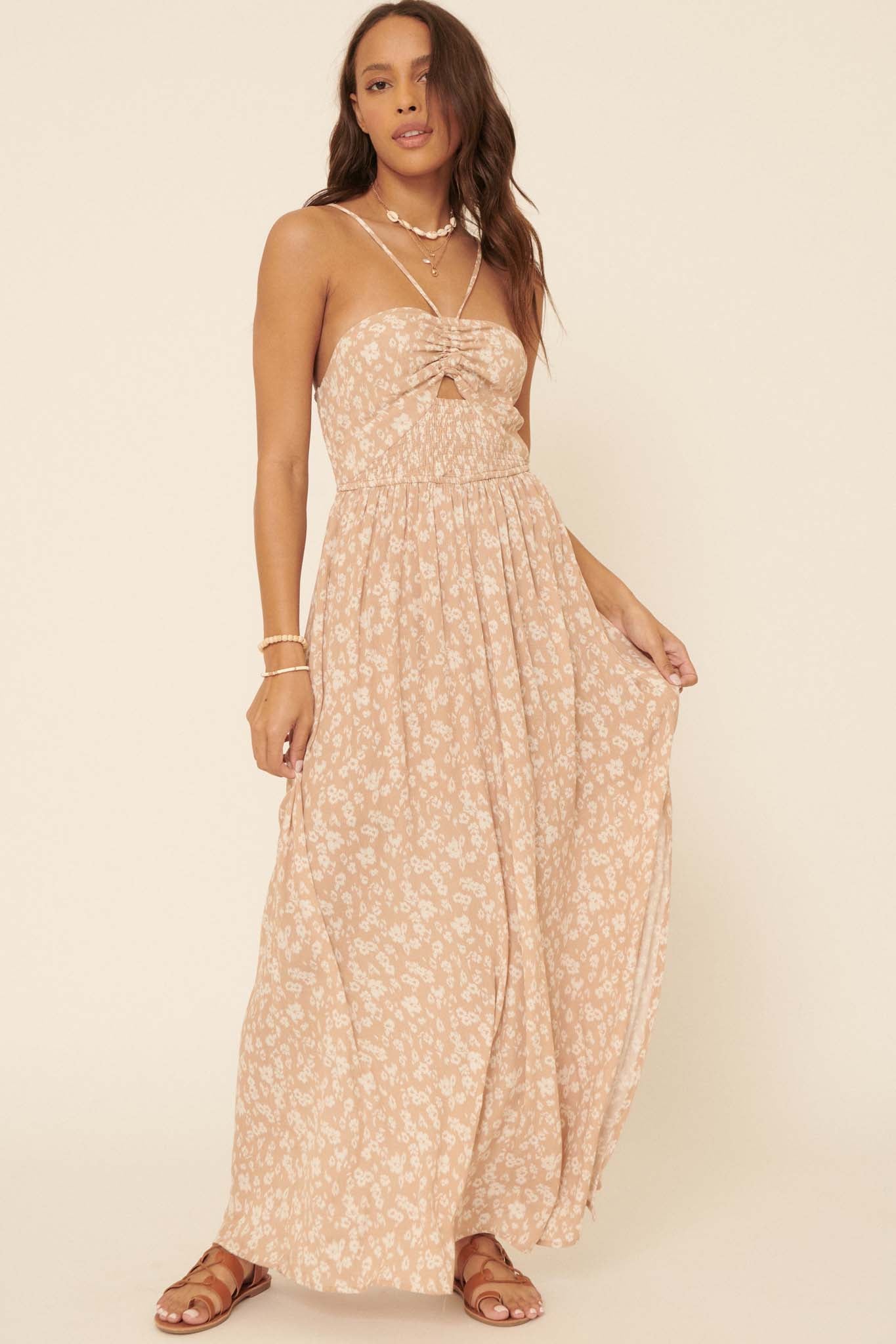 New Life Floral Cutout Halter Maxi Dress - ShopPromesa