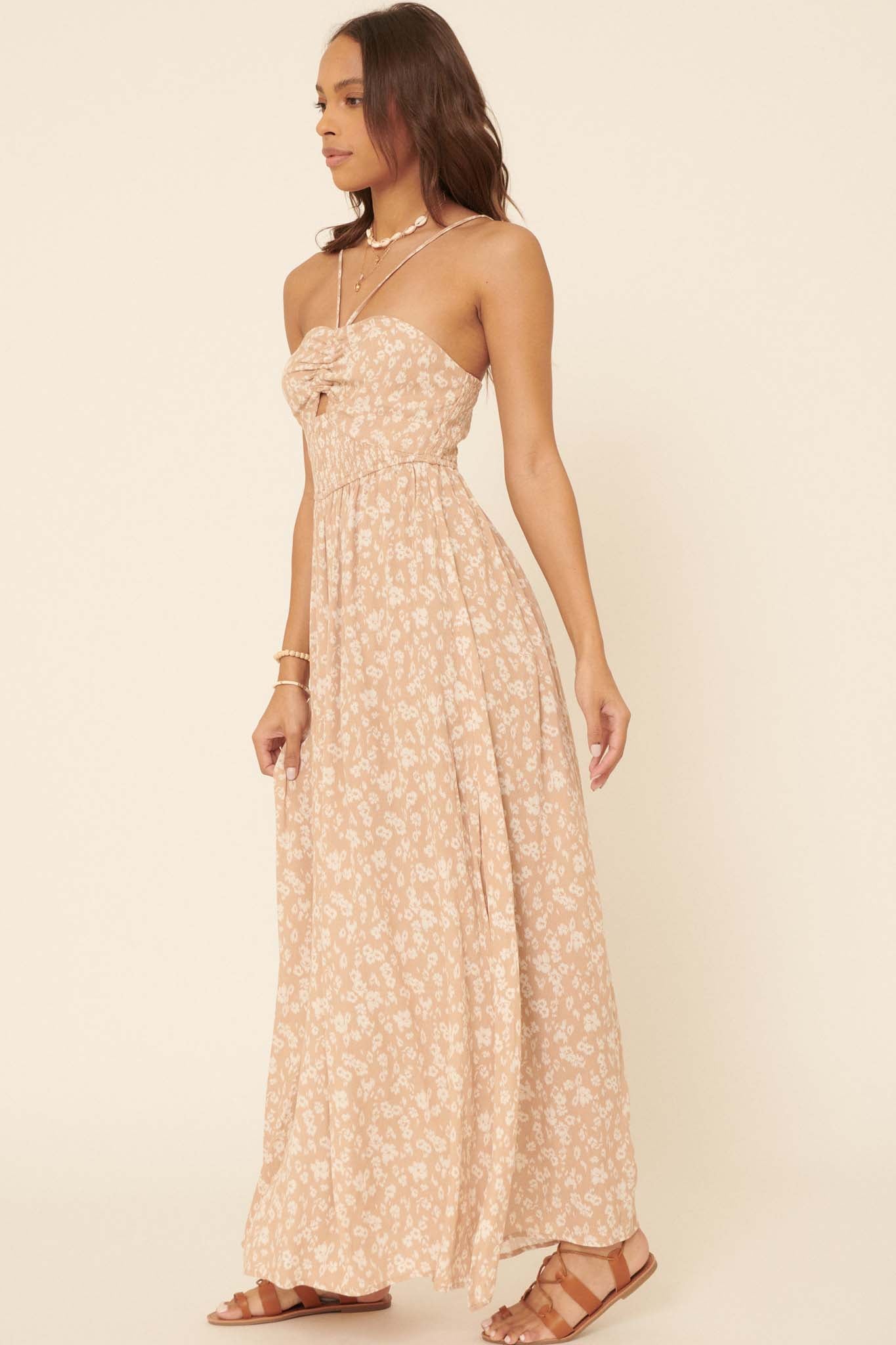 New Life Floral Cutout Halter Maxi Dress - ShopPromesa