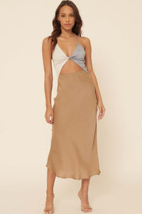 Going Glam Colorblock Satin Cutout Midi Dress - ShopPromesa