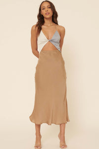 Going Glam Colorblock Satin Cutout Midi Dress - ShopPromesa