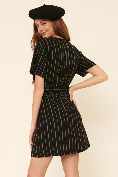 Draw the Line Striped V-Neck Belted Shirt Dress - ShopPromesa