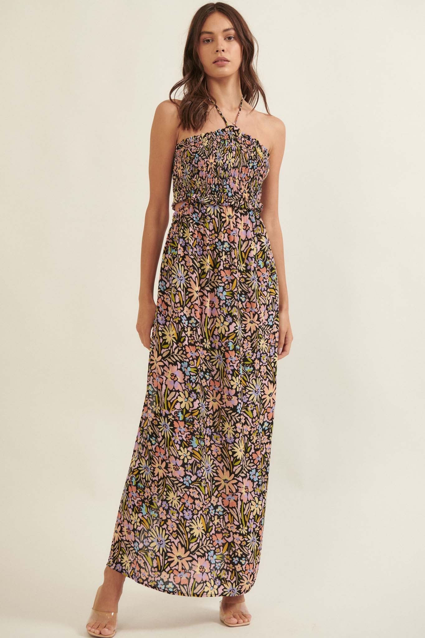 Flower Bomb Floral-Print Smocked Halter Maxi Dress - ShopPromesa