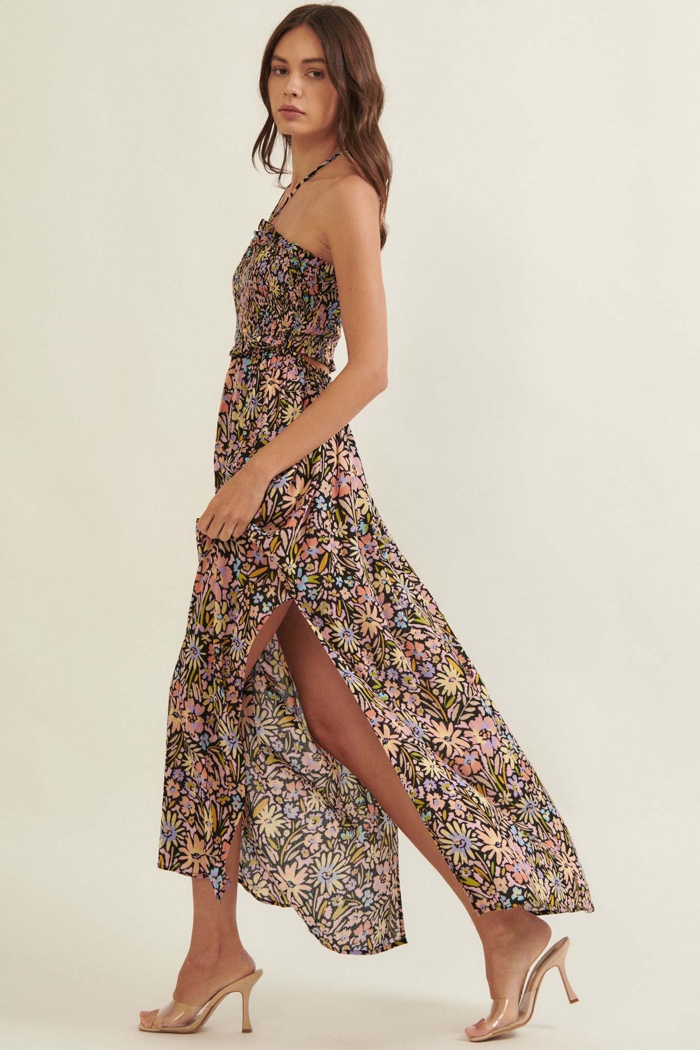 Flower Bomb Floral-Print Smocked Halter Maxi Dress - ShopPromesa