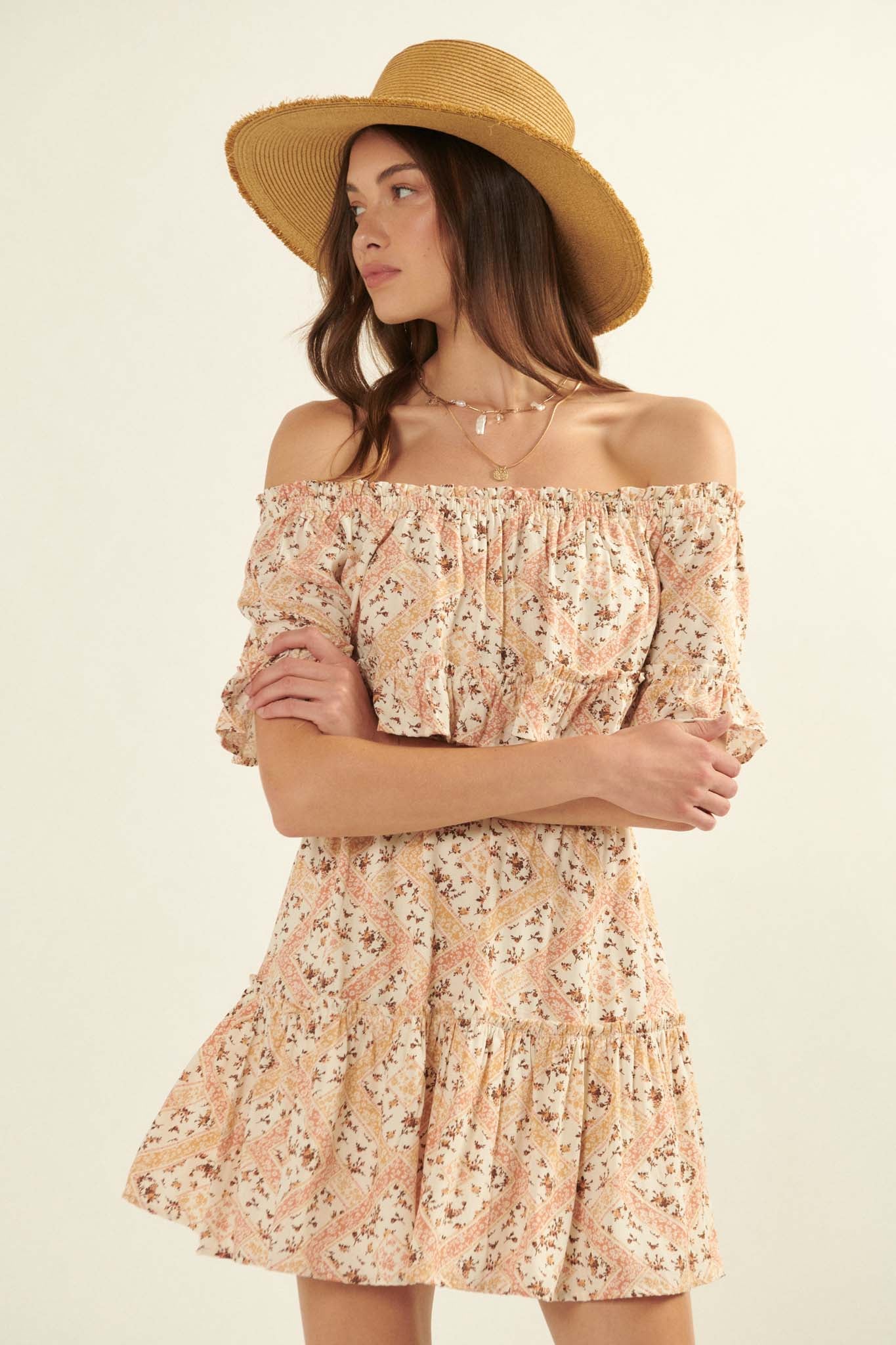 Sun Garden Floral Off-Shoulder Flounce Mini Dress - ShopPromesa