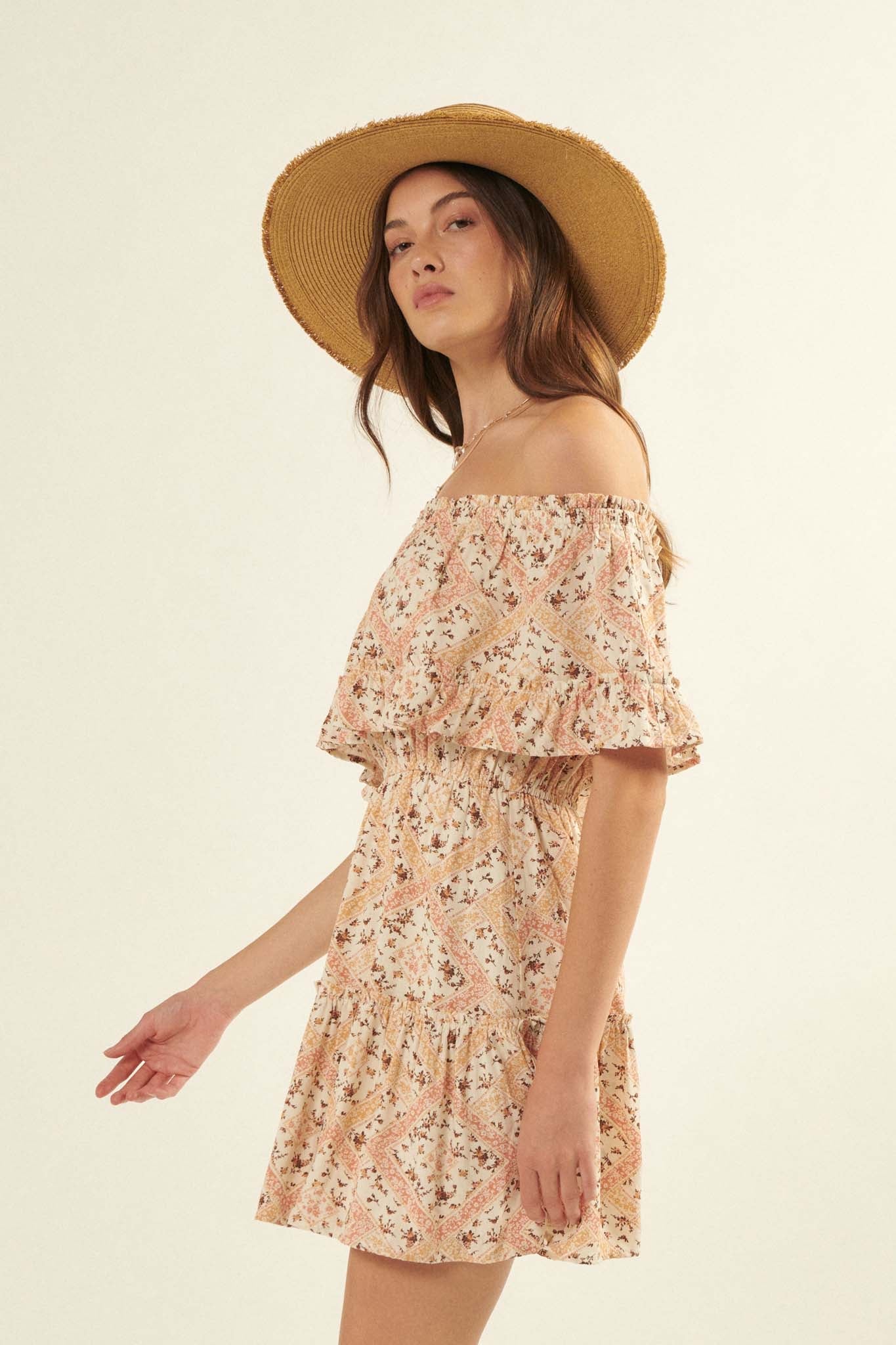 Sun Garden Floral Off-Shoulder Flounce Mini Dress - ShopPromesa