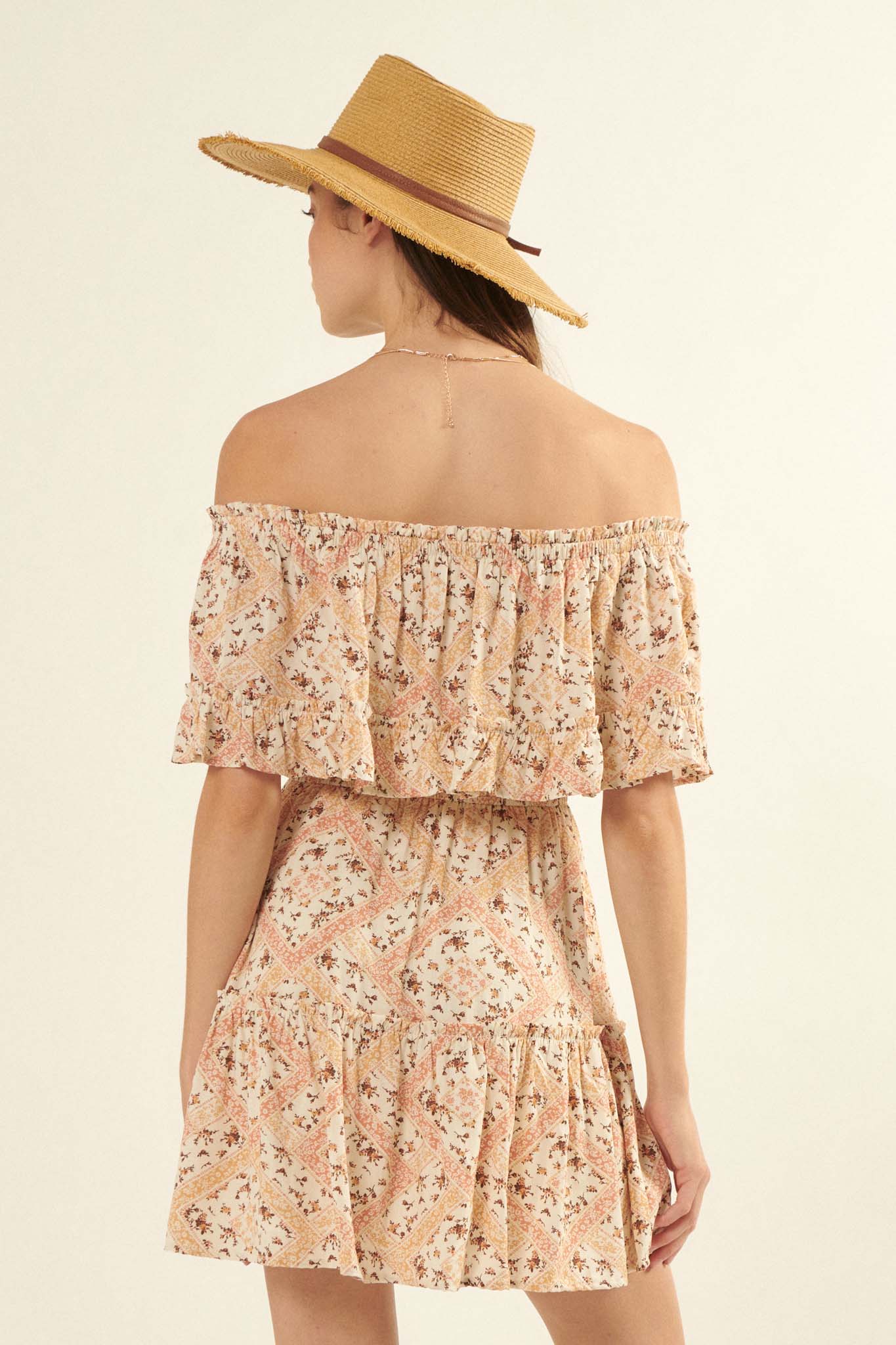 Sun Garden Floral Off-Shoulder Flounce Mini Dress - ShopPromesa