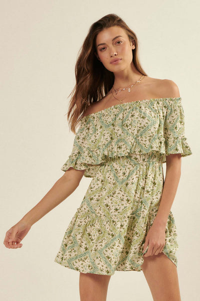 Sun Garden Floral Off-Shoulder Flounce Mini Dress - ShopPromesa