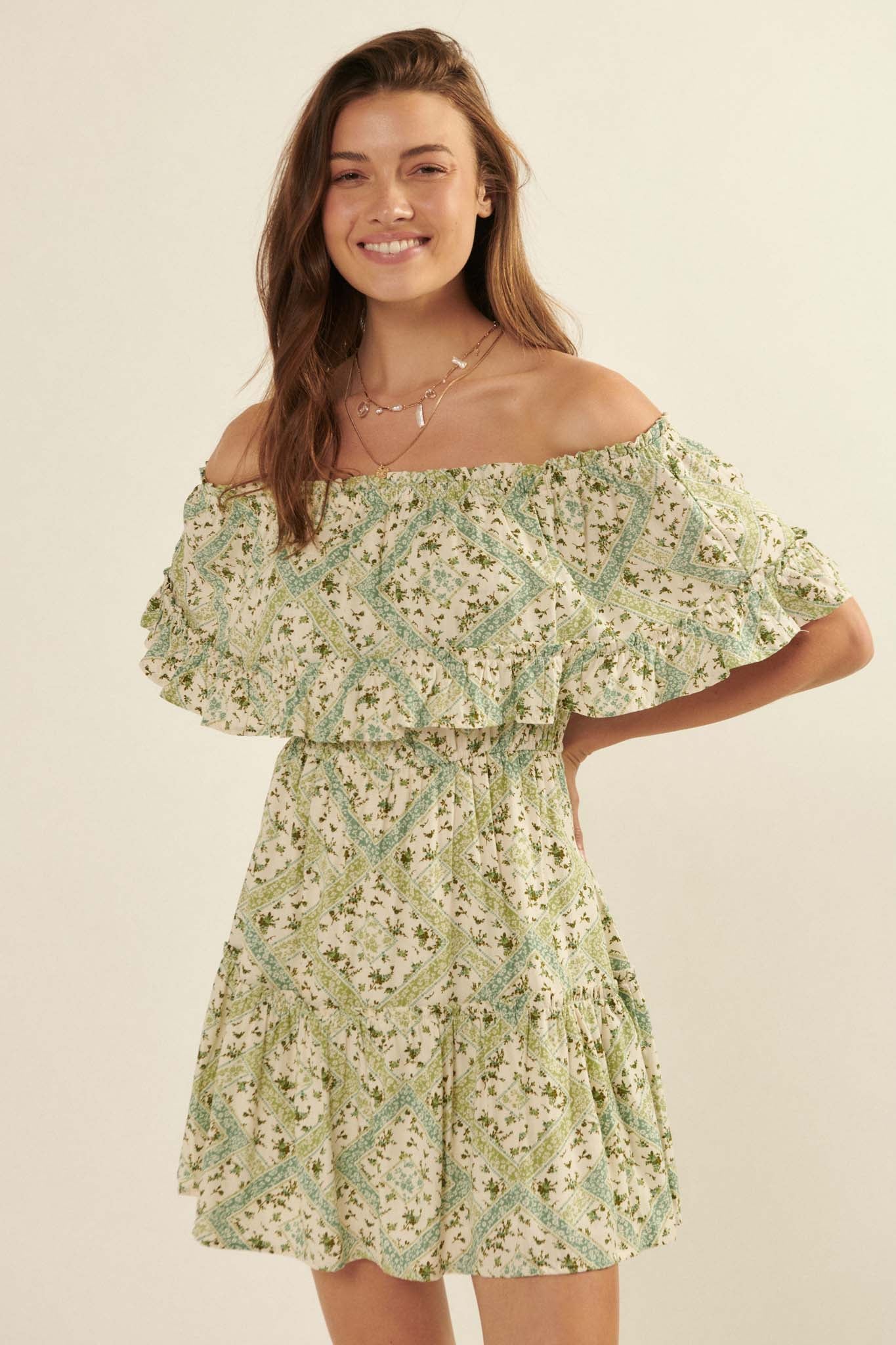 Sun Garden Floral Off-Shoulder Flounce Mini Dress - ShopPromesa