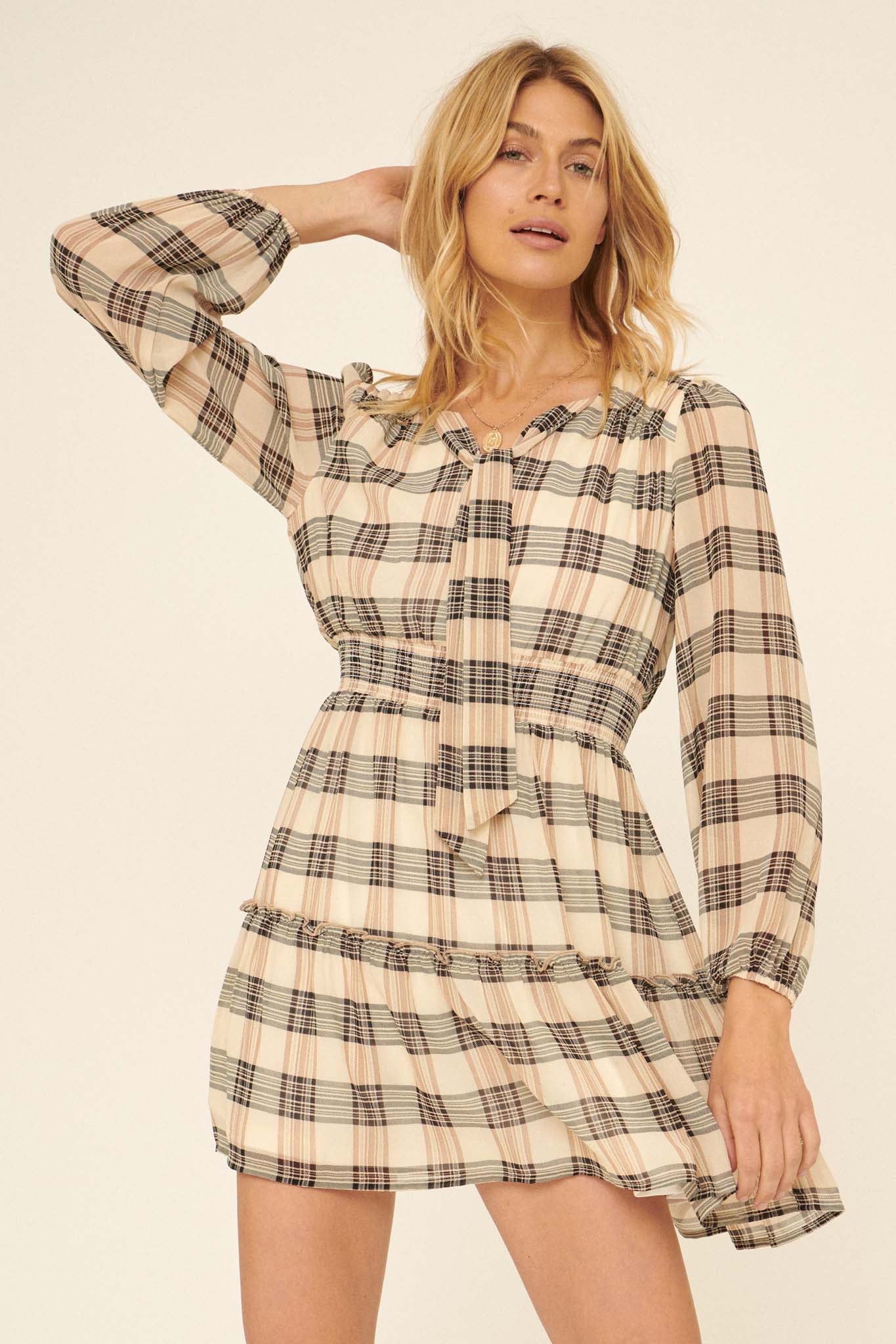 Main Character Plaid Tie-Neck Mini Dress - ShopPromesa