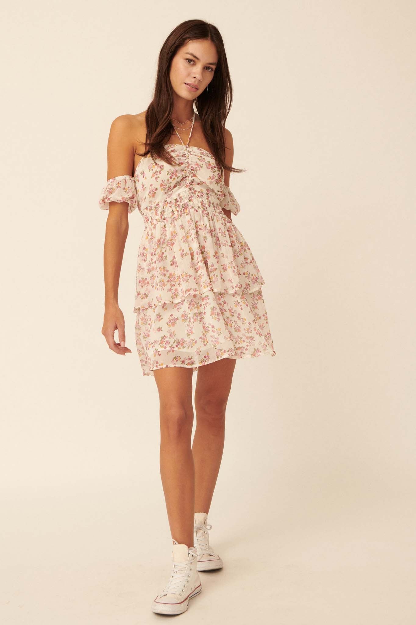 Heart Bloom Floral Chiffon Halter Mini Dress - ShopPromesa