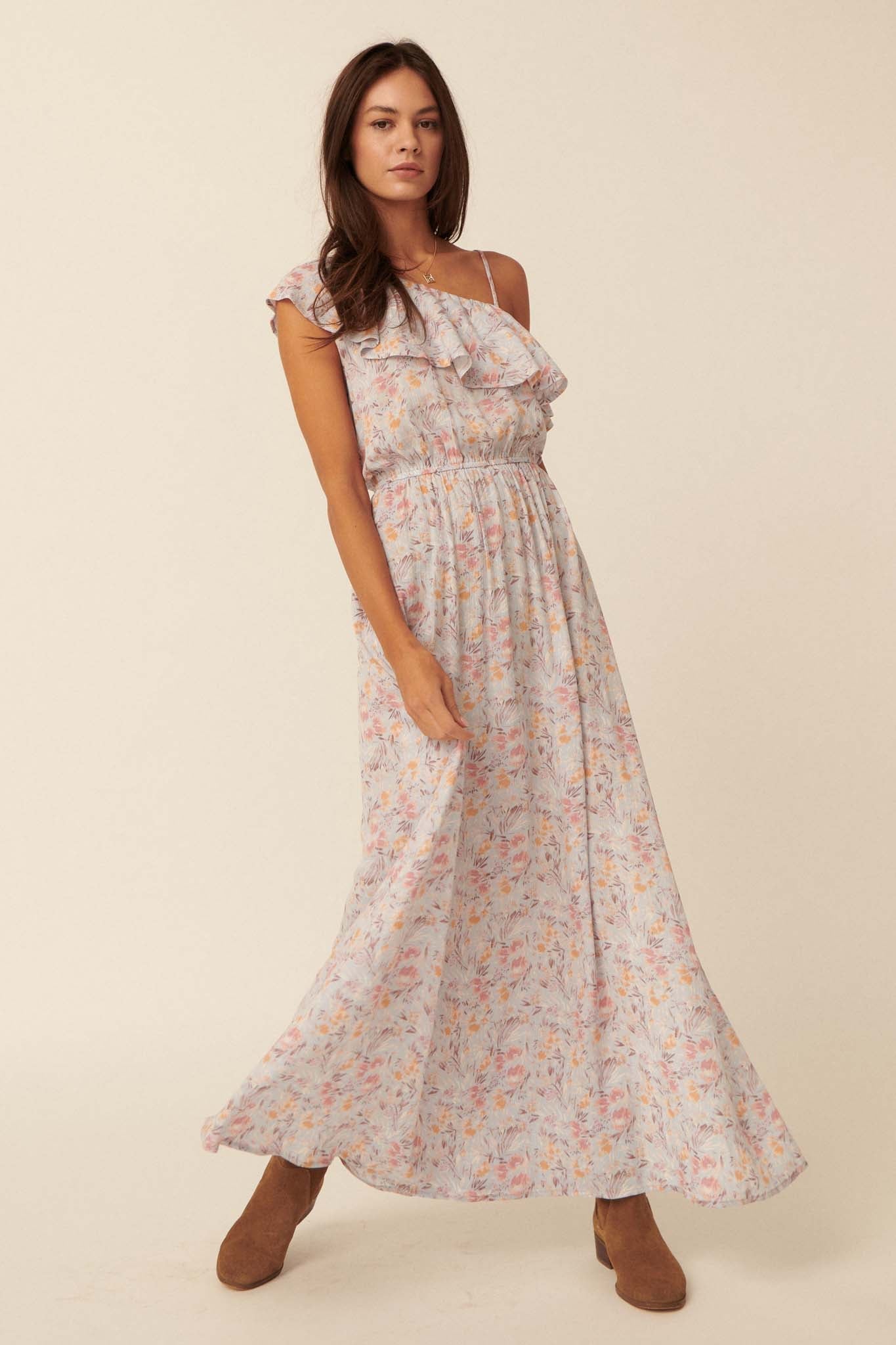 Spring Meadow One-Shoulder Floral Maxi Dress - ShopPromesa