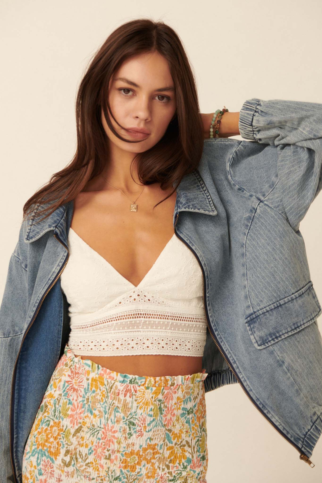 Up Your Game Denim Bomber Jacket - ShopPromesa