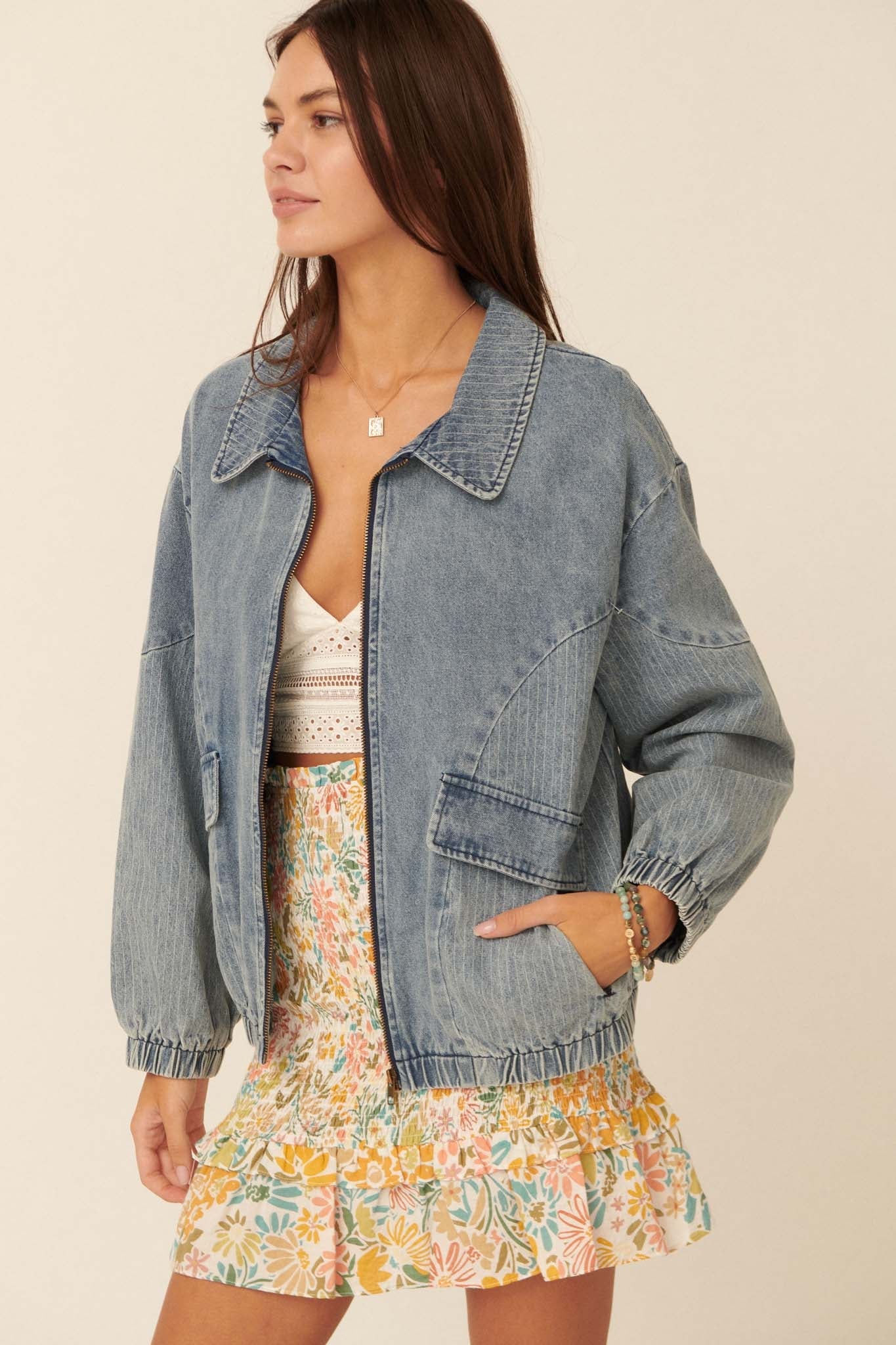 Up Your Game Denim Bomber Jacket - ShopPromesa