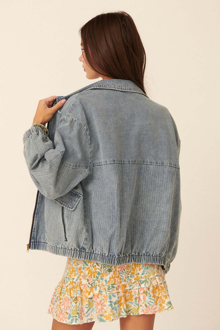 Up Your Game Denim Bomber Jacket - ShopPromesa