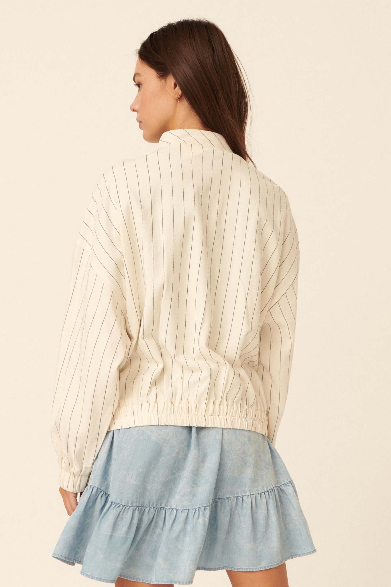 Home Run Zip-Up Pinstripe Bomber Jacket - ShopPromesa