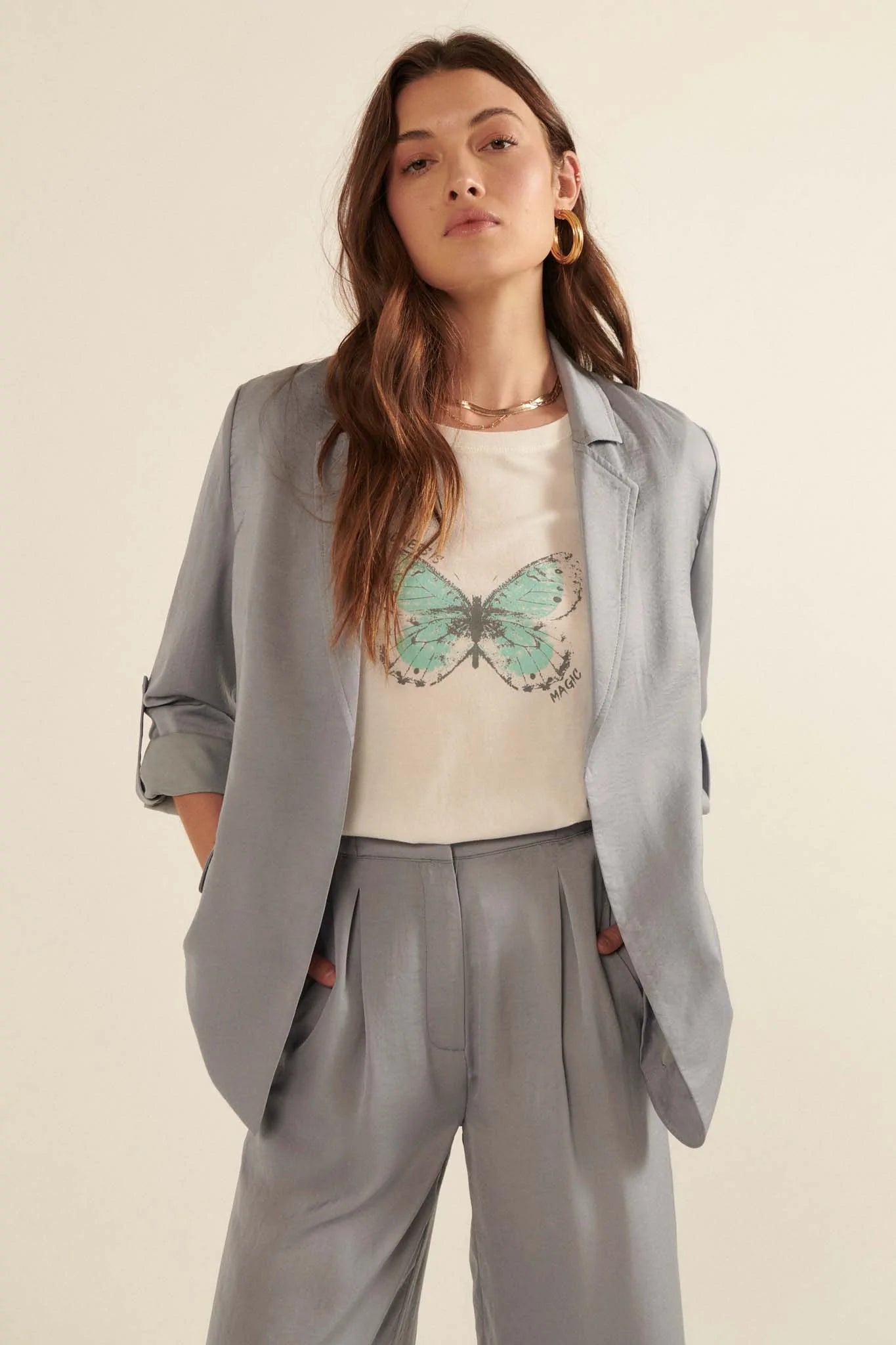 Go With the Flow Washed Satin Roll-Up Blazer - ShopPromesa