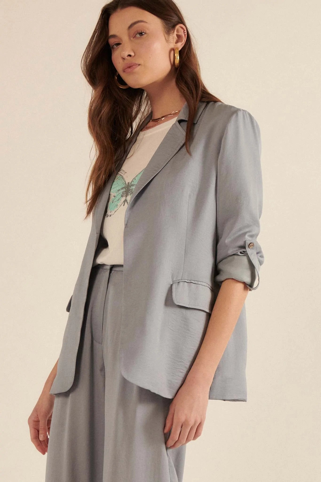 Go With the Flow Washed Satin Roll-Up Blazer - ShopPromesa