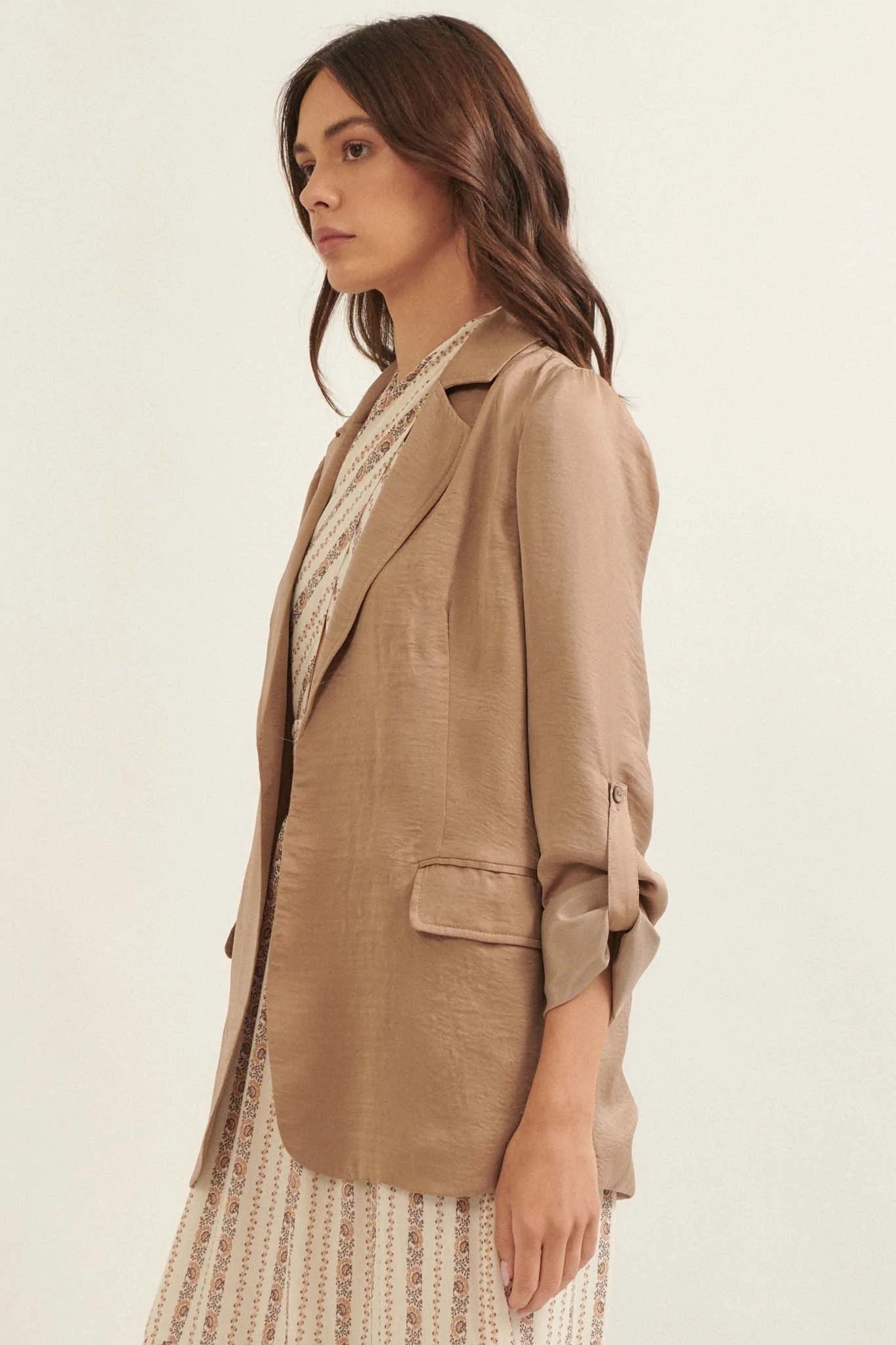 Go With the Flow Washed Satin Roll-Up Blazer - ShopPromesa