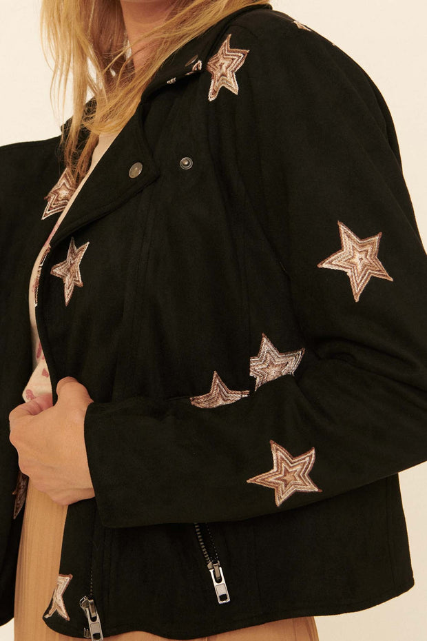 Star Catcher Embroidered Vegan Suede Moto Jacket - ShopPromesa