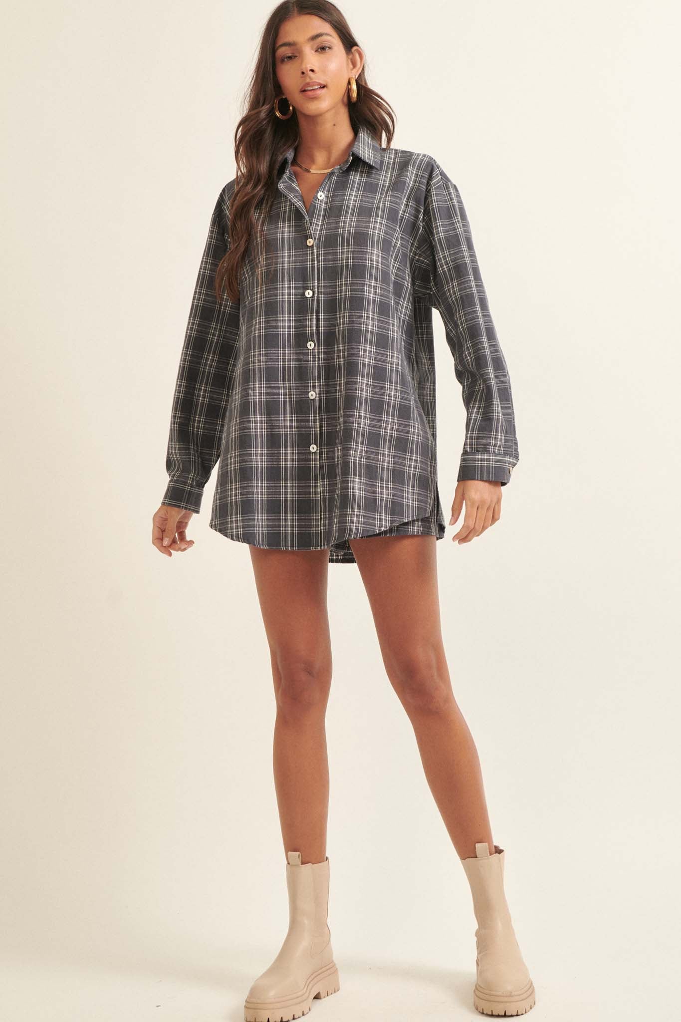 Work From Home Plaid Button-Up Shirt Romper - ShopPromesa