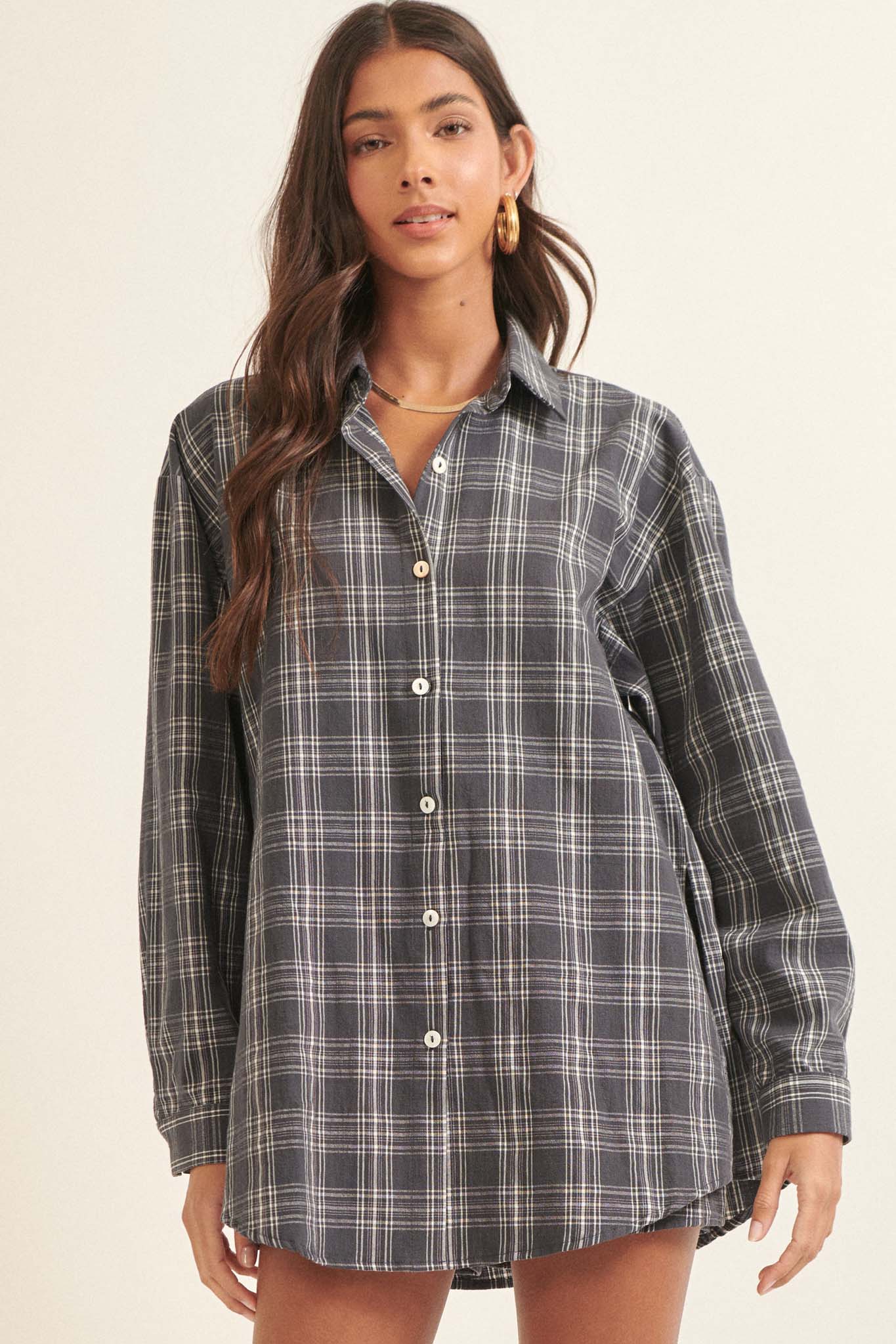 Work From Home Plaid Button-Up Shirt Romper - ShopPromesa